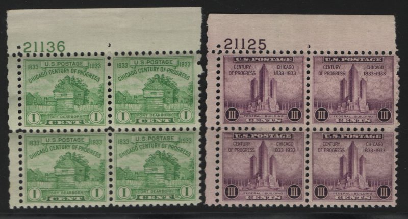 US  728-729 MNH   CENTURY OF PROGRESS SET PLATE BLOCKS