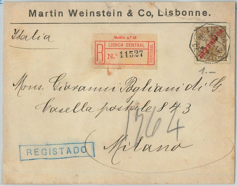 58222 - PORTUGAL - POSTAL HISTORY: REGISTERED COVER to ITALY - 1912-