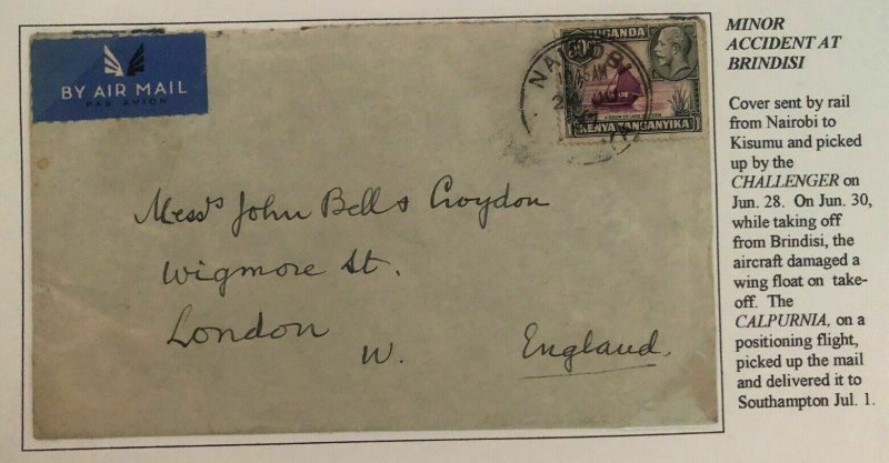 1937 Nairobi Kenya British KUT Crash Flight  Airmail Cover To London England