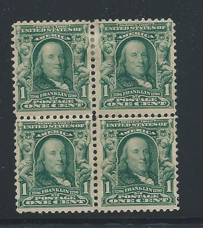 US 300 block, 2 MNH, 2 MH, light pencil mark on back, 2018 CV $77.00