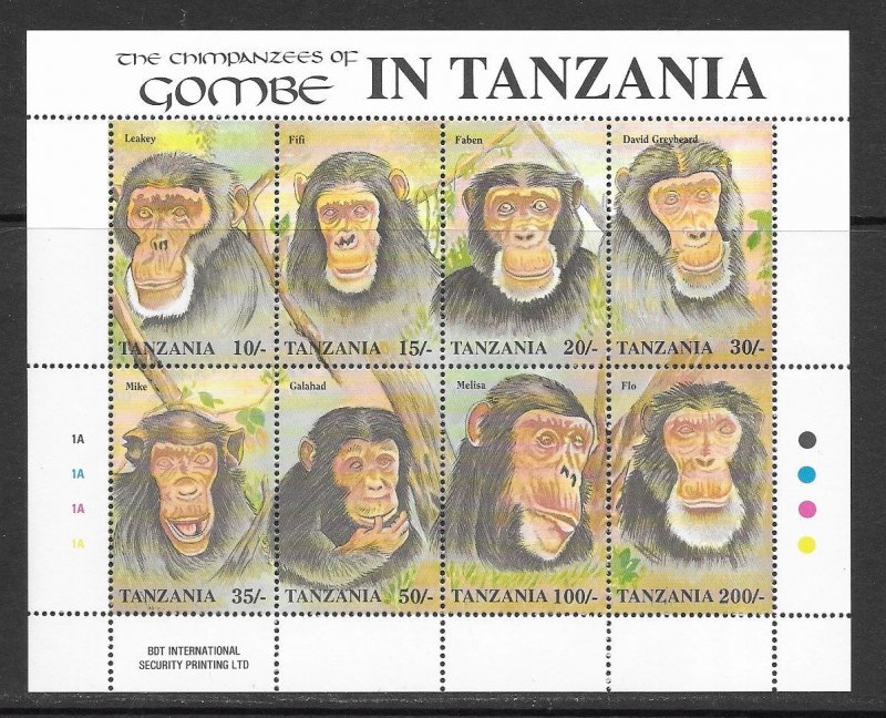 Tanzania 876 MNH Monkeys M/S X 25 sheets, vf. 2022 CV $ 262.50