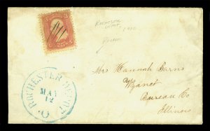 US 1862(?) Wash 3c rose Sc#65 blue OhioROCHESTER DEPO RAILROAD cvr to Illinois