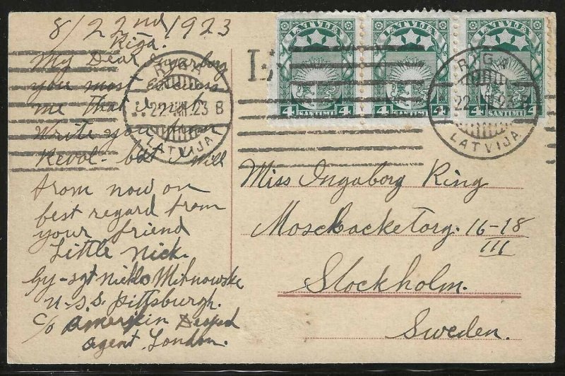 Latvia, 1923, Scott #115 strip of 3 on  Postcard of  Basteiberg, sent to Sweden