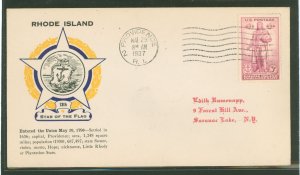 US 777 1937 3c Tercentenary (Roger Williams) single on an addressed first day cover with a Laird cachet.