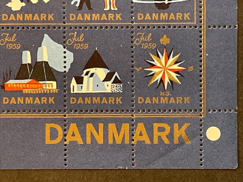 1959 Denmark “Glaedelig Jul” Christmas Seals, Intact Mint Sheet/50, MNH