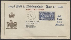 1939 Newfoundland #249 Royal Visit FDC Moss Cachet Corner Brook Split Ring