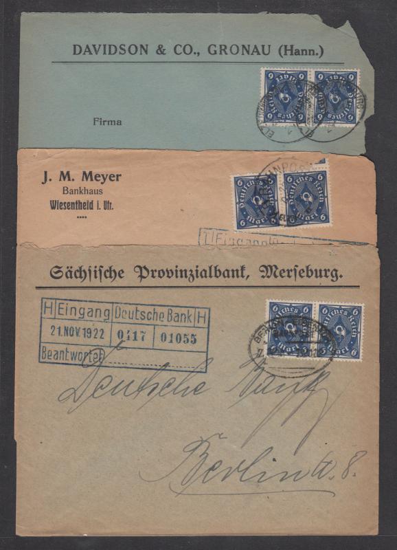 Germany Sc 189 Pairs On 3 Diff 1923 Banhpost Covers To Deutsche
