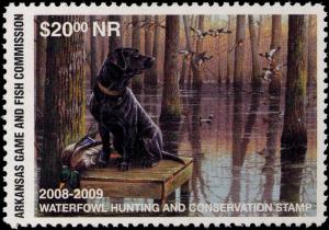 ARKANSAS #28A 2008 STATE DUCK  STAMP  MALLARDS BLACK LAB  NR by  Cynthie Fisher