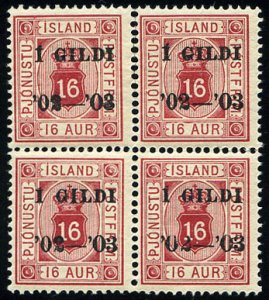 Iceland #O28 Cat$80+ (for hinged singles), 1902-3 16a carmine, block of four,...