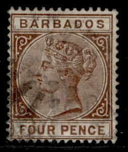 BARBADOS QV SG99, 4d deep brown, FINE USED.