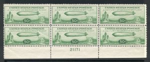 UNITED STATES SCOTT #C18: 50c ZEPPELIN F/VF BOTTOM PLATE BLOCK MINT LIGHT HINGED