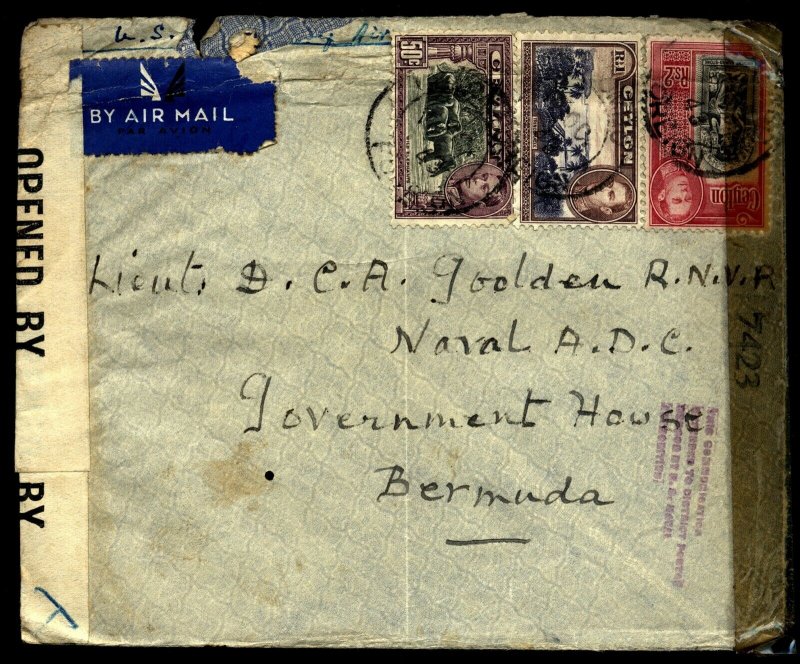 Ceylon 1943 Double censored cover Colombo to Bermuda  WOW