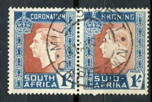 SOUTH AFRICA; 1937 early GVI Coronation issue used 1s. POSTMARK PAIR