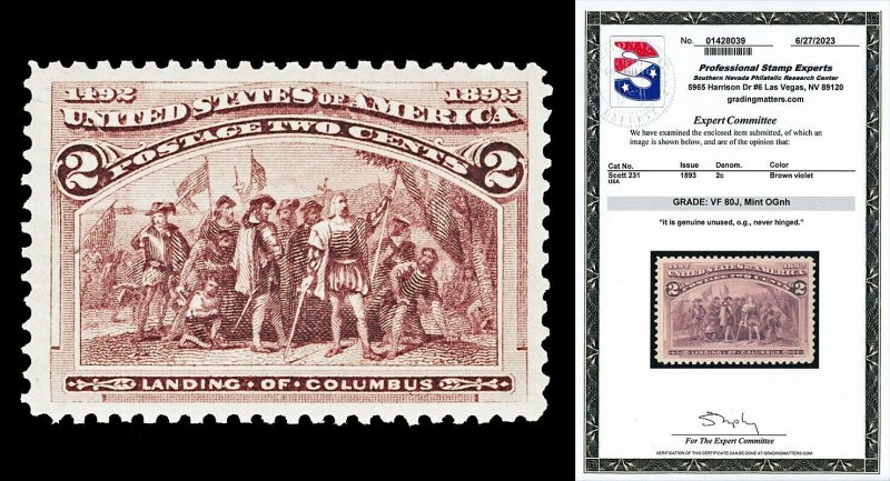 Scott 231 1893 2c Columbian Issue Mint Graded VF 80J NH with PSE CERT