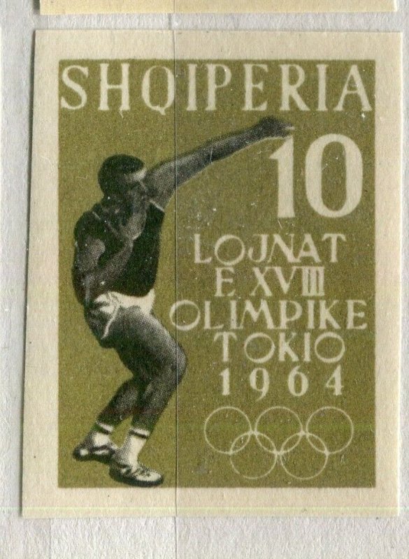 ALBANIA; 1964 early Olympic Games issue fine Mint hinged IMPERF VARIETY 10L.
