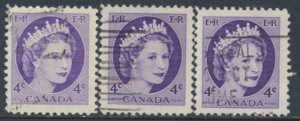  Canada  Sc# 340 three shaded  Used QE II 1954 see details  / scans