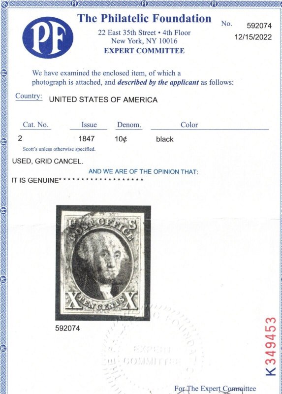 USA #2 Extra Fine Used With Black Grid Cancel **With Certificate** 