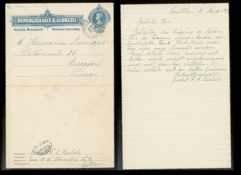 BRAZIL Letter Card Used 200 Reis to Switzerland c1921