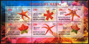 Ivory Coast 2013 Marine Life Sea Stars Sheet MNH** Cinderella !