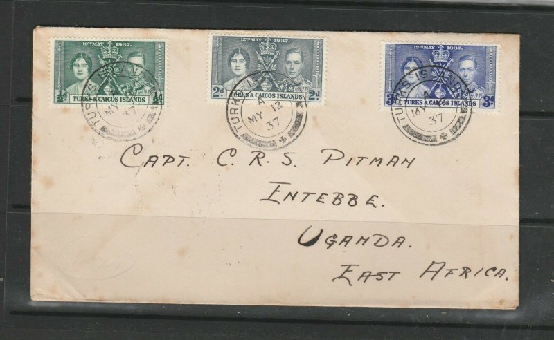 Turks & Caicos FDC 1937 Coronation, Plain, Turks Island cds, backstamped Entebbe