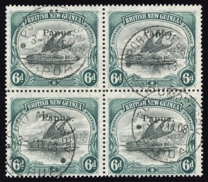 Papua 1906 Lakatoi 6d black & myrtle-green block of four VFU. SG 43. Sc 24.