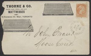 1886 Thorne Mattresses Advertising Toronto West Branch Office to Moose Creek ONT