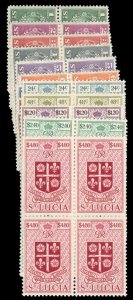 St. Lucia #135-148 Cat$179.60, 1948 George VI, complete set in blocks of four...