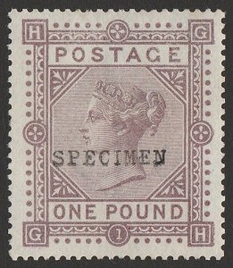 GREAT BRITAIN 1867 QV £1 SPECIMEN, wmk Anchor, blued paper. normal cat £160,000.