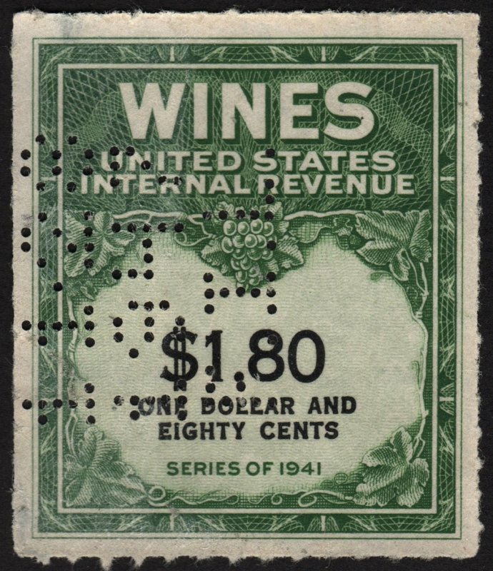 RE151 $1.80 Wine Revenue Stamp (1942) Perfin