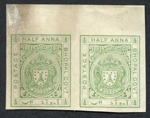 Bhopal SGO314 1932 1/2a Yellow green IMPERF PAIR Plate Proof (no gum)