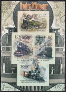 Burundi 2012 MNH Sc #1062 Sheet of 4 Steam Trains IMPERF