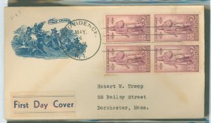 US 777 1936 3c Rhode Island Tercentennary (Roger Williams) bl of 4 on an addressed (typed) FDC with a F.R. Hazard cachet (1st)