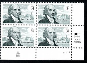 US Scott #3545 PB of 4 James Madison #B11 LR NH