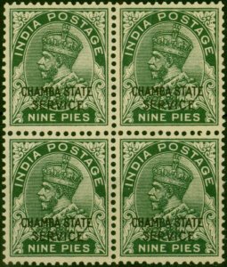 Chamba 1932 9p Deep Green Litho SG050 Fine MNH Block of 4