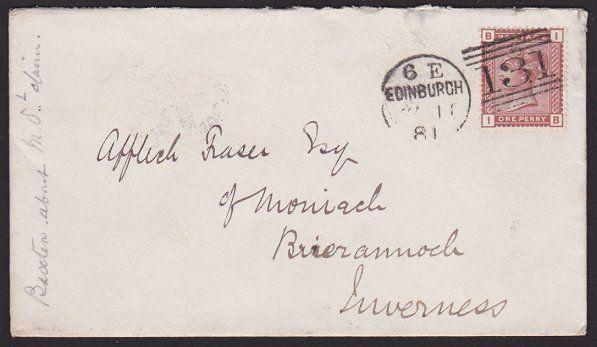 GB SCOTLAND 1881 1d Venetian Red on cover Edinburgh to Inverness..... ......6824