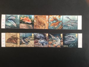GB 2014. Sustainable fish. Set of 10 used stamps. 2 horizontal strips.