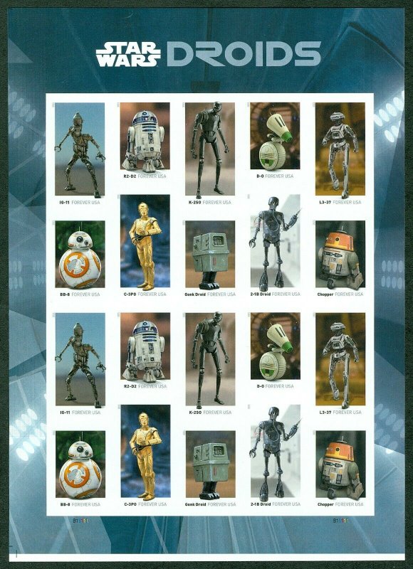 Scott 5573-5582 Star Wars Droid Pane of 20 5582a Imperforate Sheet w/ No Die Cut