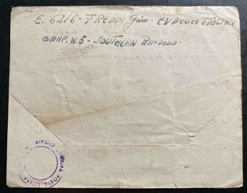 1943 Southern Rhodesia Interment POW Camp 5 Letter Cover To Padova Italy 