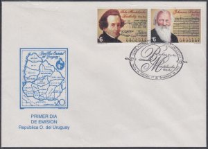 URUGUAY Sc # 1678 FDC SET of 2 FELIX MENDELSSOHN BARTHOLDY and JOHANNES BRAHMS