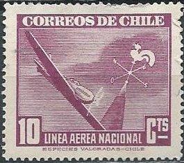 Chile C109 (unused) 10c plane & weathervane, rose lilac (1947)