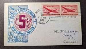 1946 USA Airmail First Day Cover FDC Washington DC to Como P2 Canada New Rates