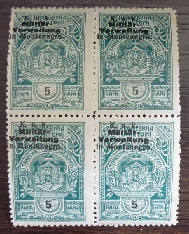 WWI MONTENEGRO - AUSTRIA - REVENUE STAMPS - BLOCK OF 4 R! yugoslavia J5