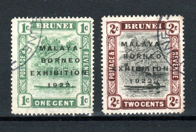 Brunei 1922 1c and 2c Malaya - Borneo Exhibition opt values FU CDS