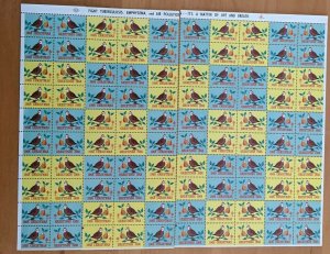 1968 USA CHRISTMAS SEALS -STAMPS FULL SHEET of 100 Stamps (Christmas Birds)