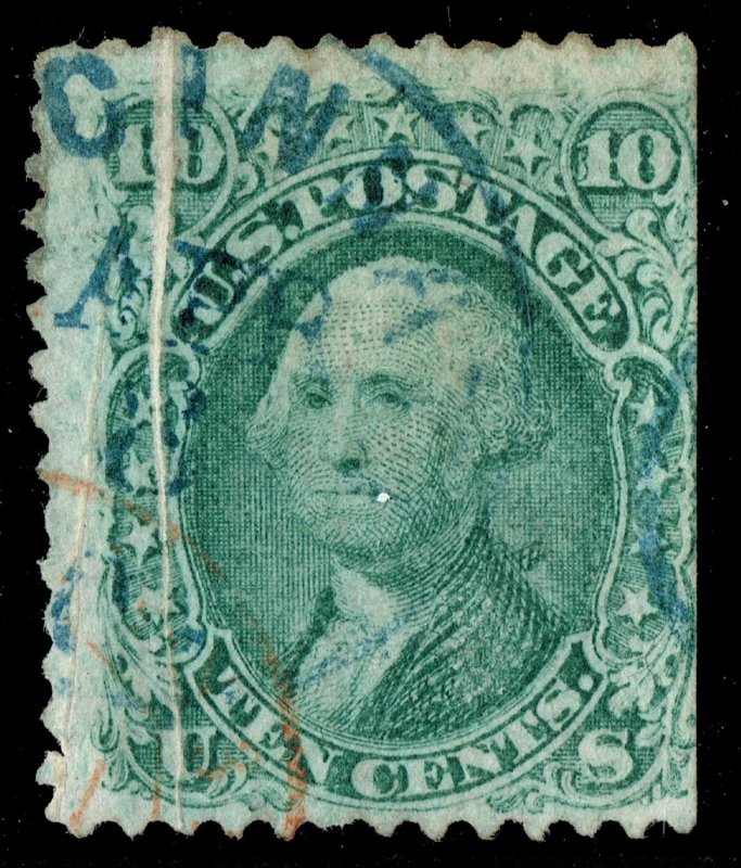 [0927] 1861 Scott#68 used 10¢ green w/ folds before printing « Pli acordéon »