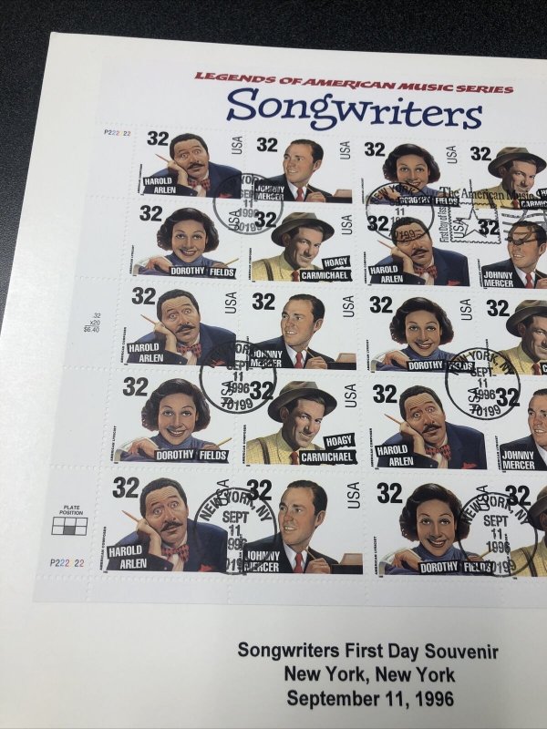 US 3100-03 Songwriters Souvenir Page Of 20 Stamps First Day Of Issue 1996 
