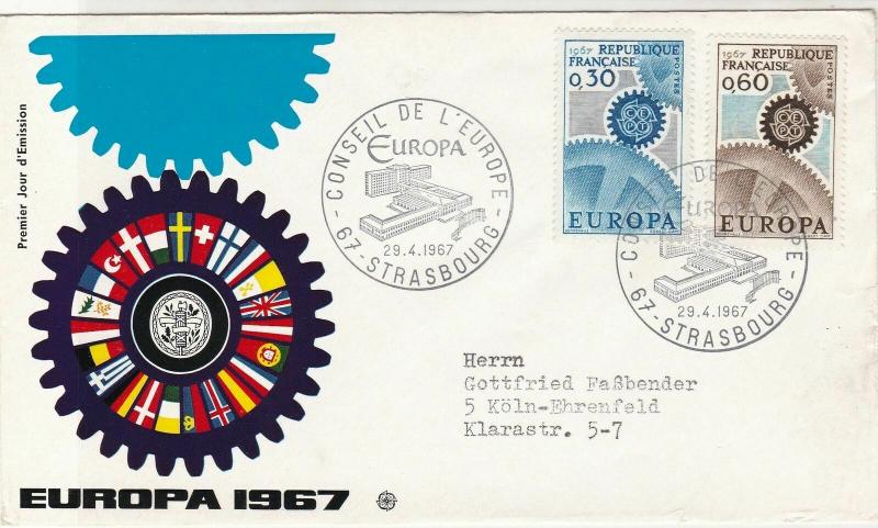 France 1967 Europa CEPT Flags Wheel Pic Cancels & Cogs Stamps FDC Cover Ref27490