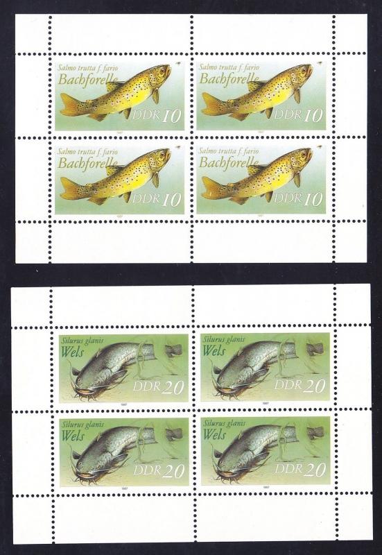 Germany DDR 2608-09 MNH OG 1987 10pf & 20pf Freshwater Fish Mini Sheet of 4