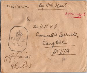 1942 England Field Post Office Censored Air Mail Letter Cover To India Banglore