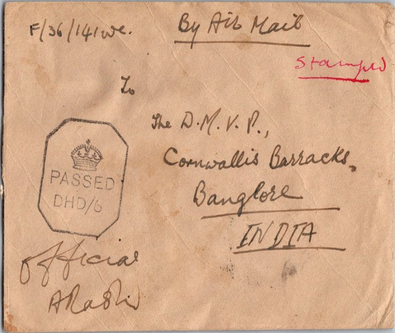 1942 England Field Post Office Censored Air Mail Letter Cover To India Banglore